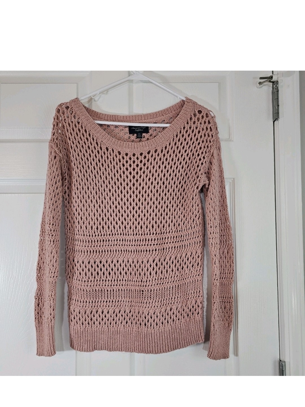 American Eagle Sweater Pink Open-Knit Crochet Womens M Boho Chic Y2K Indie Fairy